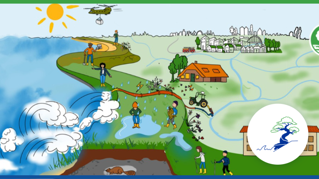 Illustration d’un estuaire protégé par une digue, avec des habitants, une ferme, une école et une ville en arrière-plan, et le logo du projet BONSAÏ.